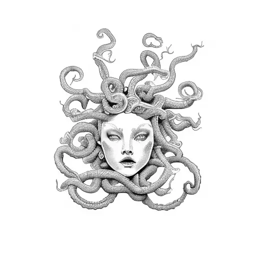 Medusa Mermaid Line Art In Red Ink