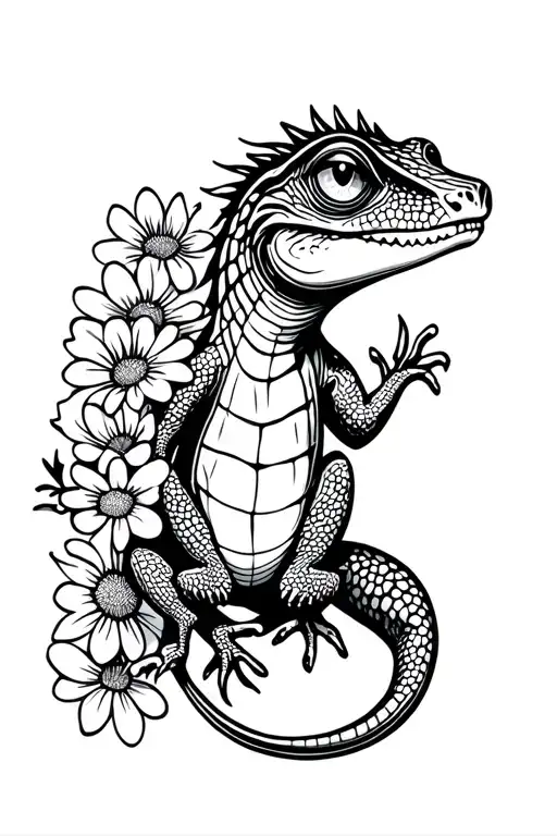 Cartoon Lizard With Flowers