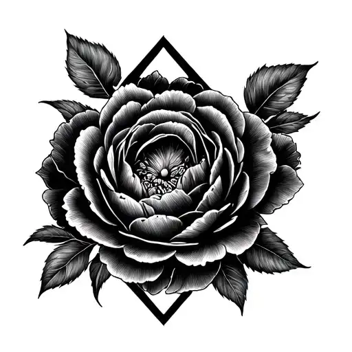 Peony And Rose Inside Square And Diamond Inverse Blackout
