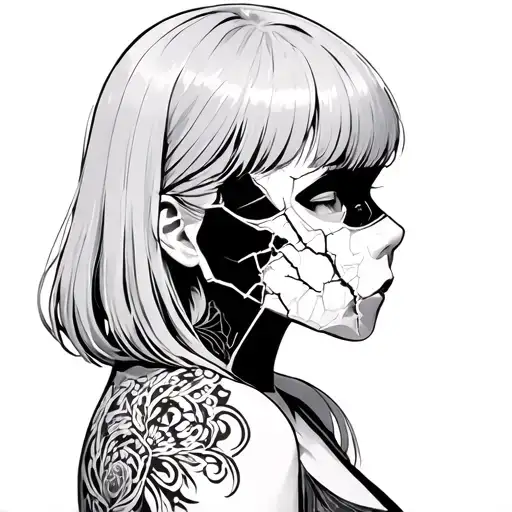 A Anime Girl With A Broken Porcelain Mask Side Profile