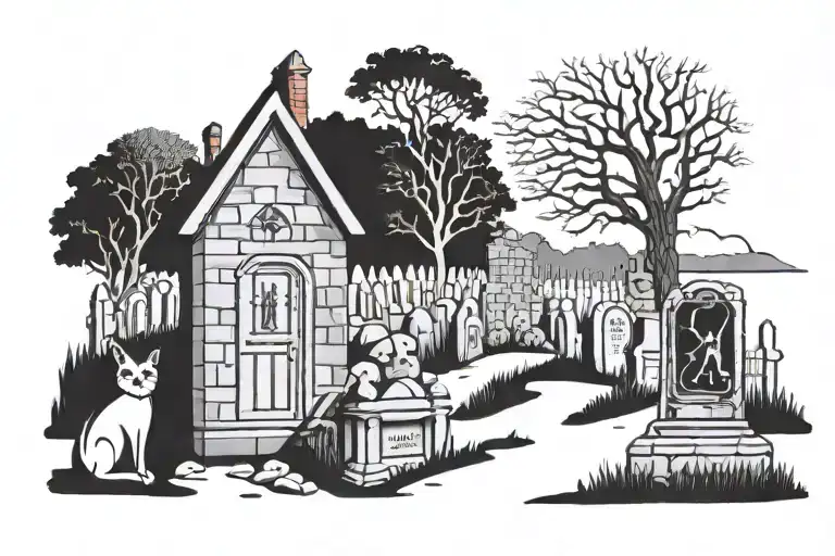 A Haunting Blackwork Scene Of A Cat Volunteering In A Graveyard