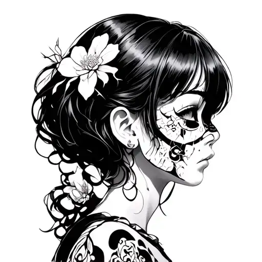 Anime Girl With Broken Porcelain Mask Side Profile