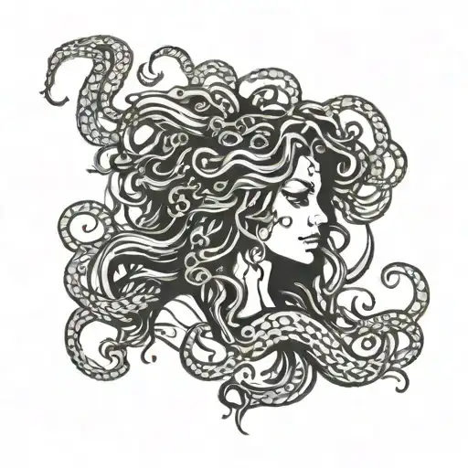 Medusa With A Fiery Background And Metal Music Symbols In Her Hair