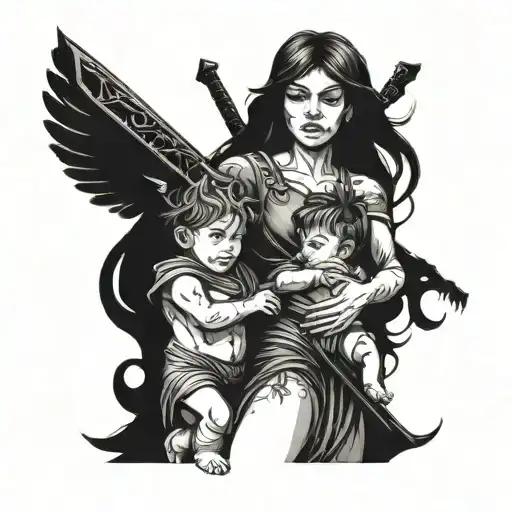 Warrior Mother Protects Her Two Male Children Front Shot And Background Elements
