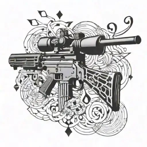 A Detailed Blackwork Tattoo Of A Sniper Rifle Intertwined With Musical Notes And Barbells