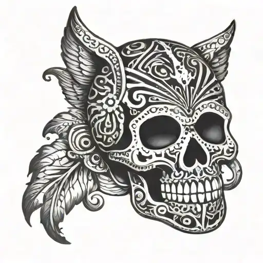 A Sugar Skull With Aztec Symbols Incorporated Into The Design
