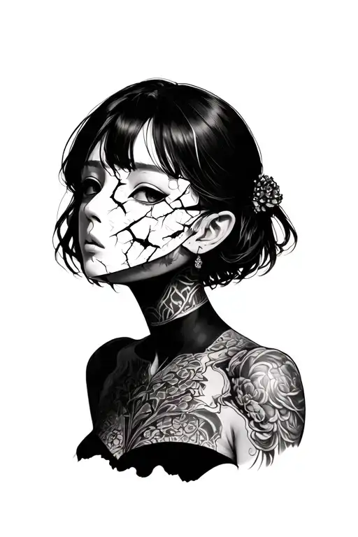 A Anime Girl With A Broken Porcelain Mask