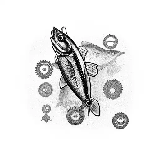 A Detailed Blackwork Tattoo Of A Fishing Lure Surrounded By Mechanical Gears