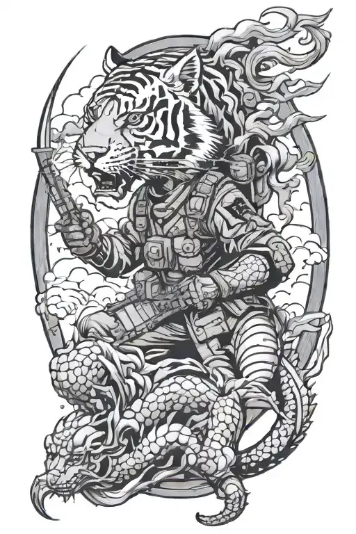 Army Soilder On The Front Lines With A Tiger And A Dragon In The Sky