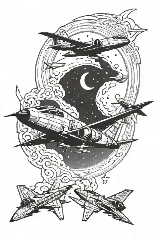 5 Stars Leading To The Moon And Fighter Jets