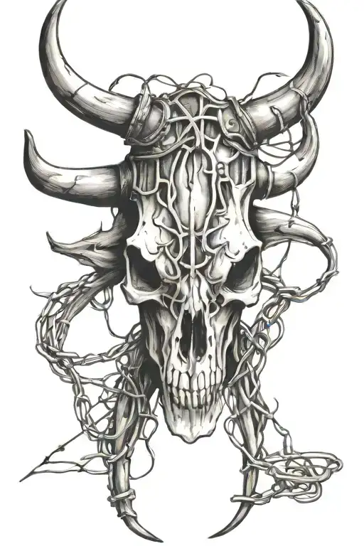 Longhorn Skull With Barbed Wire Wrapped Around It