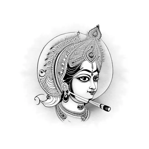 Radhekrishna Written In Cursive Hindi With A Little Flute And Peacock Feather Aroound Side