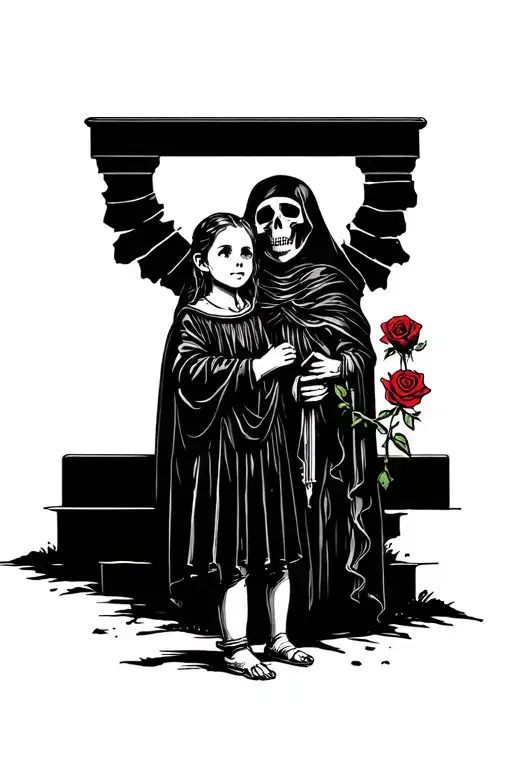 A Little Girl Standing Before The Reaper And Offering A Rose
