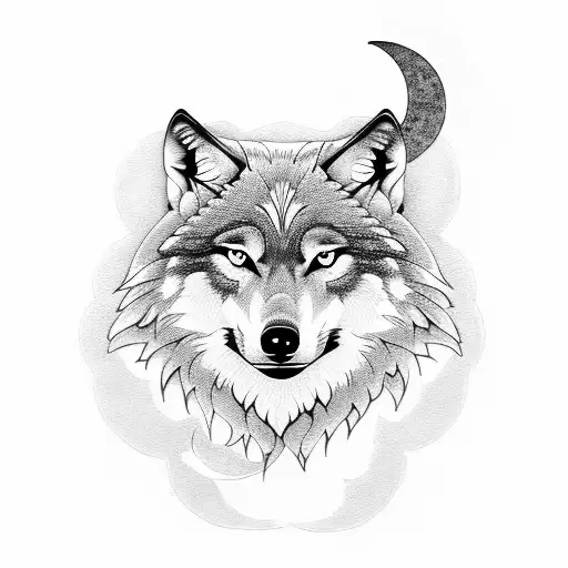 Wolf With A Moon And Flowers