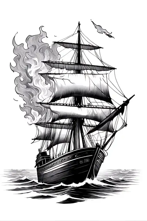 Boat On Fire As Its Sailing Ship