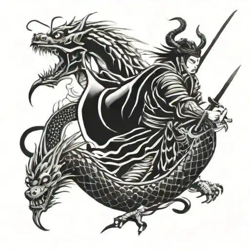 Japanese Samurai Battiing A Dragon Wrapped Loosely