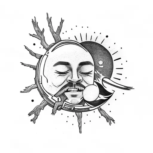 Astronaut In The Moon Seating In A Tree Branch Looking At The Sun And Earth