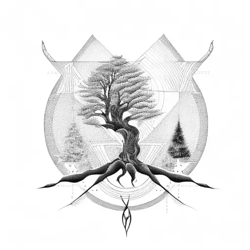 A Blackwork Tattoo Of A Tree Made Up Of Musical Instruments And Notes