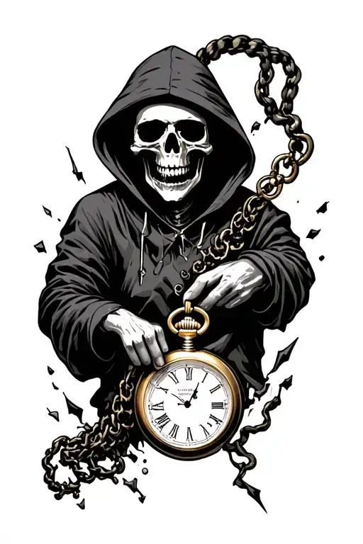 Death In The Hood Holds A Pocket Watch In The Right Hand With A Compact Fast And Broken Tips