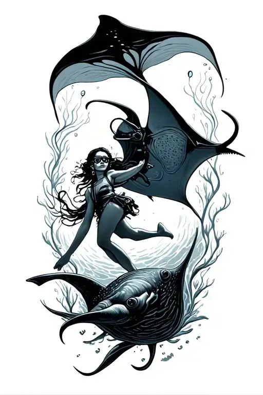Diver Girl And Manta Ray Swimming