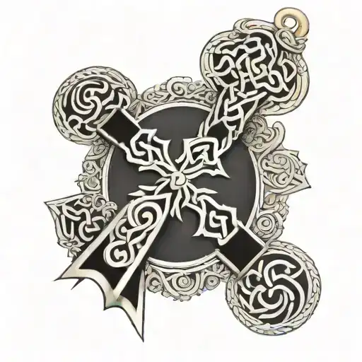 A Celtic Cross With Intricate Blackwork Detailing And A Golden Chain Wrapped Around It