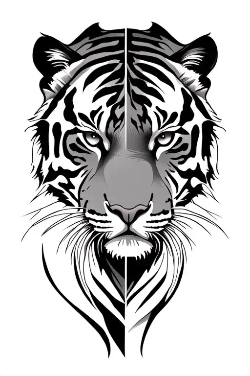 Tiger Half Face And Tribal Lines Geometrical Desing