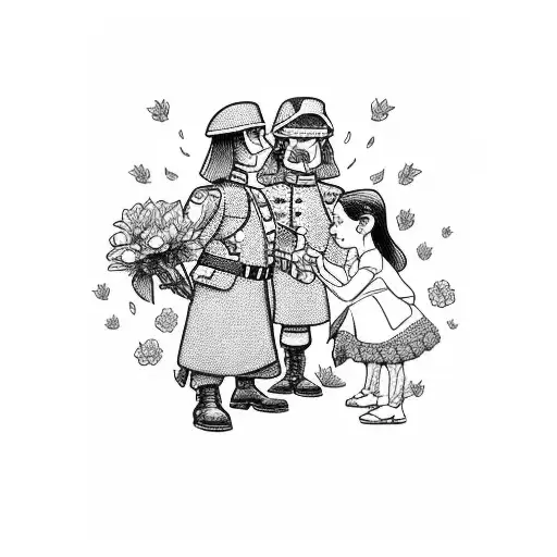 Soldier Giving Flower To Little Girl With Other Soldier Covering Him