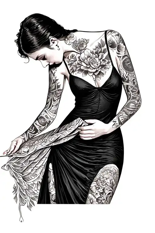 Full Body Woman Putting On Black Slip Dress