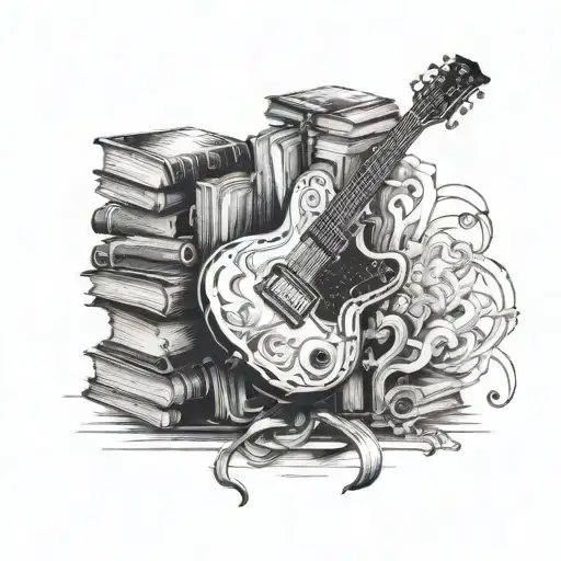 A Guitar Merging Into A Stack Of Books With Intricate Details
