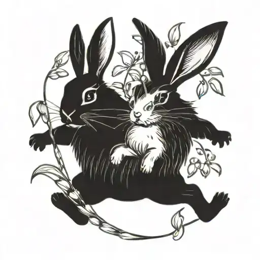 Big Bunny And Little Bunny Running In A Field Of Lily Of The Valley Flowers