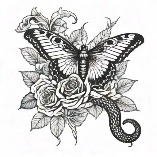 A Snake And Butterfly Intertwined In A Gothic Rose Garden