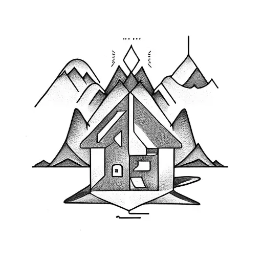 A Geometric Tattoo Of A House Plant Surrounded By Mountain Peaks