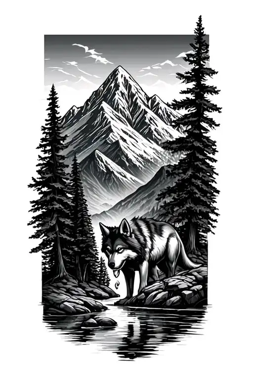 Mountain Range With Tall Tree And River Wolf Drinking