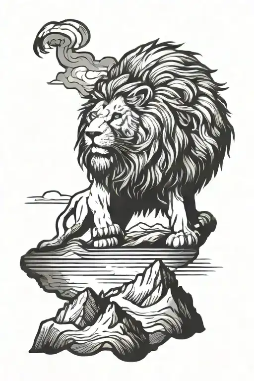 Proud Lion Standing On Mountain Scene With Lake Surrounded