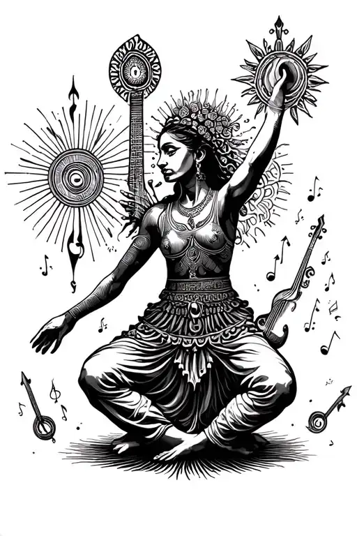 A Tattoo Design Of A Somatologist Performing A Healing Dance Surrounded By Musical Instruments
