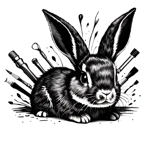 Abstract Painting Of A Bunny Surrounded By Crafting Tools