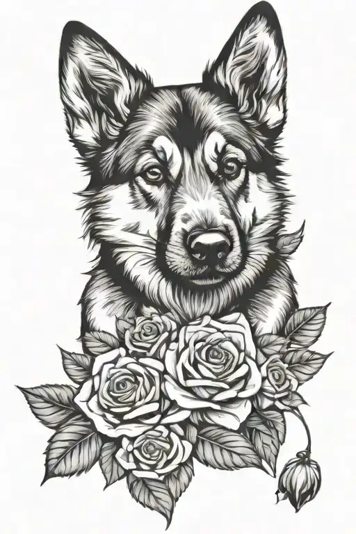 Full Sleeve With Roses And A German Shepherd Husky Mix Puppy