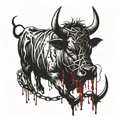Bull Wrapped In Barbed Wire With Blood Dripping Down