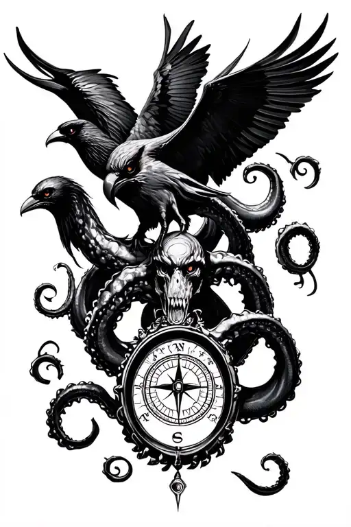 Kraken Holding Compass And Raven Attacking Kraken