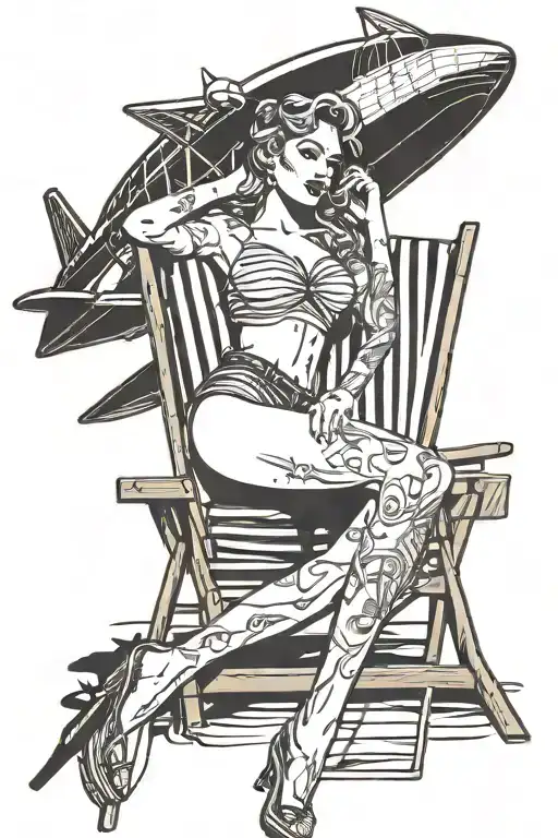 A Tattoo Of A Sexy Pin-up Girl Lounging On A Beach Chair With A Plane Flying Overhead
