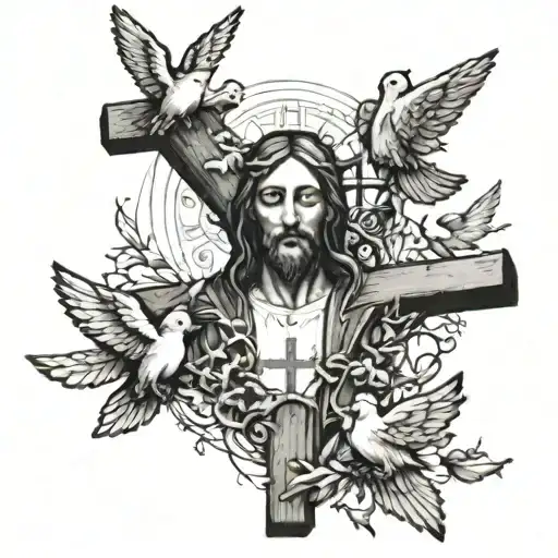 Jesus Cross And Small Birds Flying Away