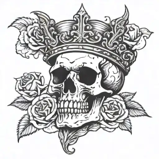 Skull With A Crown On Top Of Its Head With A Rose In Between Its Teeth