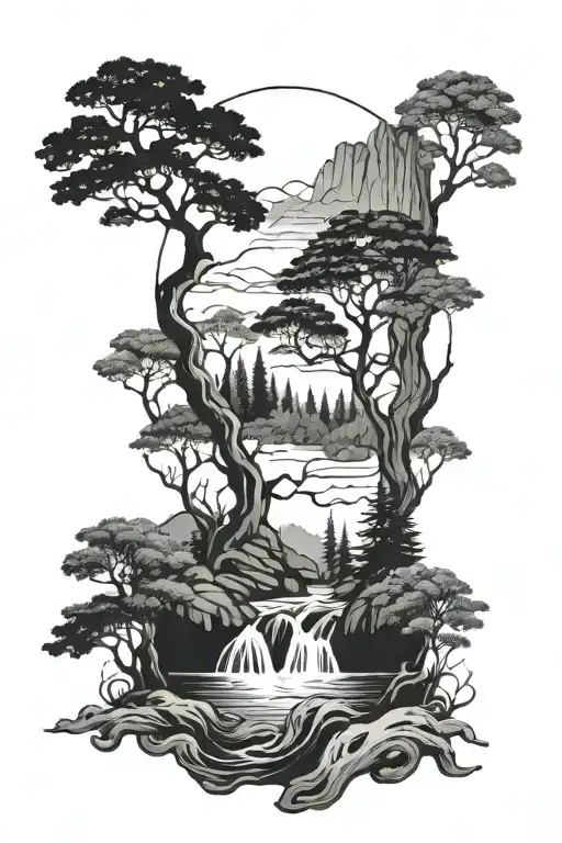 Mystic Forest Scene With Water Flowing