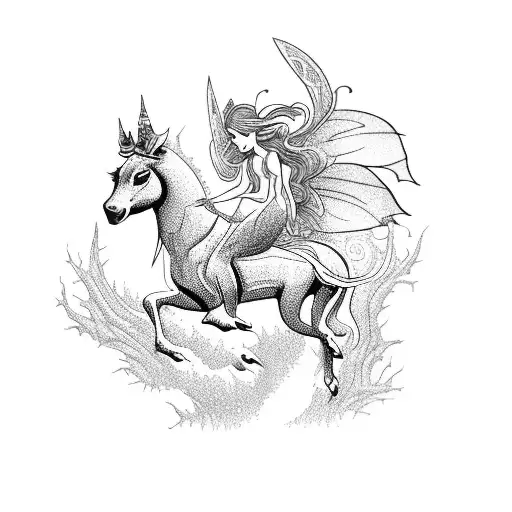 A Majestic Blackwork Tattoo Of A Fairy Riding A Mythical Creature Through An Enchanted Forest
