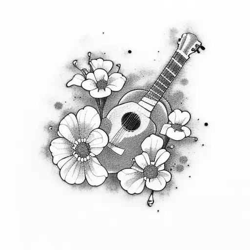 A Guitar And The Neck Of The Gutar Be Stems To Geranium Flowers With A Bumble Be By The Flowers