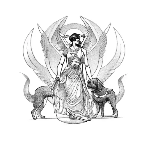 A Greek God Or Goddess With A Dog Companion In A Blackwork Design