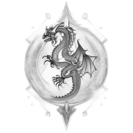 Dragon Rolling Around A Sword