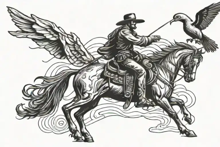 A Blackwork Illustration Of A Cowboy Lassoing A Bird In A Wild West Setting