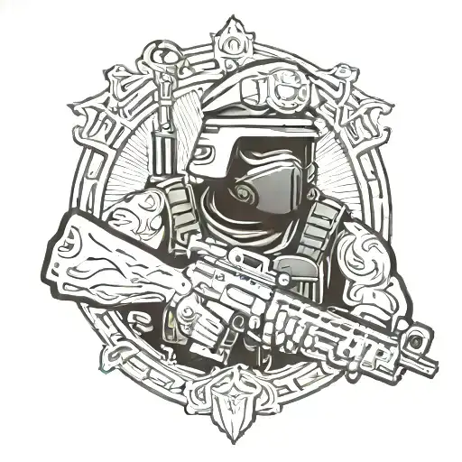 A Tattoo Of A Marine Holding A Gun With Titties Incorporated Into The Design