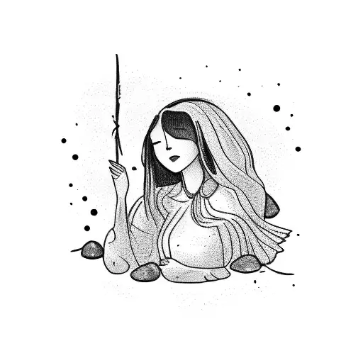 Sad Woman Sitting On A Rock With Long Black Hair In White Dress